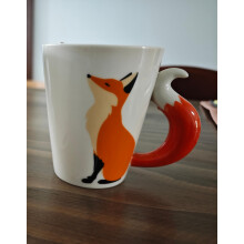 Fox Ceramic Coffee Mug with Tail Handle, White and Orange Cute Animal Design for Coffee or Tea