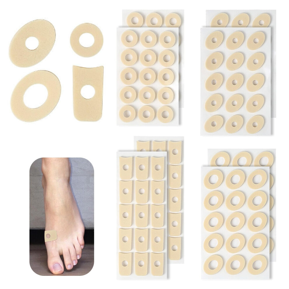 Dalaetus 120 Pcs Corn Cushions Set, Soft Latex Foam Corn Pads For Feet In 4 Styles, Anti Friction Corn Plasters, Self Adhesive Callus Pads For Pain Relief,