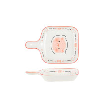 Vintage Ceramic Dinnerware Set with Cartoon Pig Rice Bowls and 9 Inch Baking Pan, Microwave Safe