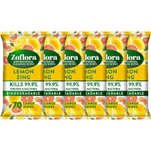 Zoflora Lemon Zing Large Biodegradeable Wipes, Antibacterial Cleaning, 6 x 70 Wipes Pack, Multi-Surface Disinfectant, Removes Odours & Kills 99.9% of