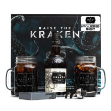 The Kraken Spiced Rum Gift Set - 35cl Official Kraken Black Spiced, 2x Mason Jar Glasses, Bottle Pourer, Playing Cards - Cocktail Rum Gifts for Men,