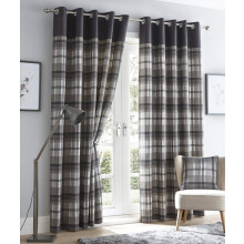 Portfolio Curtains Portfolio Orleans Check Striped Fully Lined Eyelet Ring Top Curtains-Charcoal Grey Wide, Polyester, 46" width x 72" drop