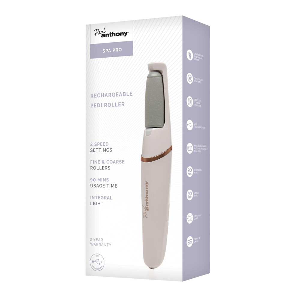Paul Anthony 'Spa Pro' Lithium Rechargeable Pedi Roller Foot Care Pedicure 2 Speed, Coarse And Fine Heads, Led Light - H3402