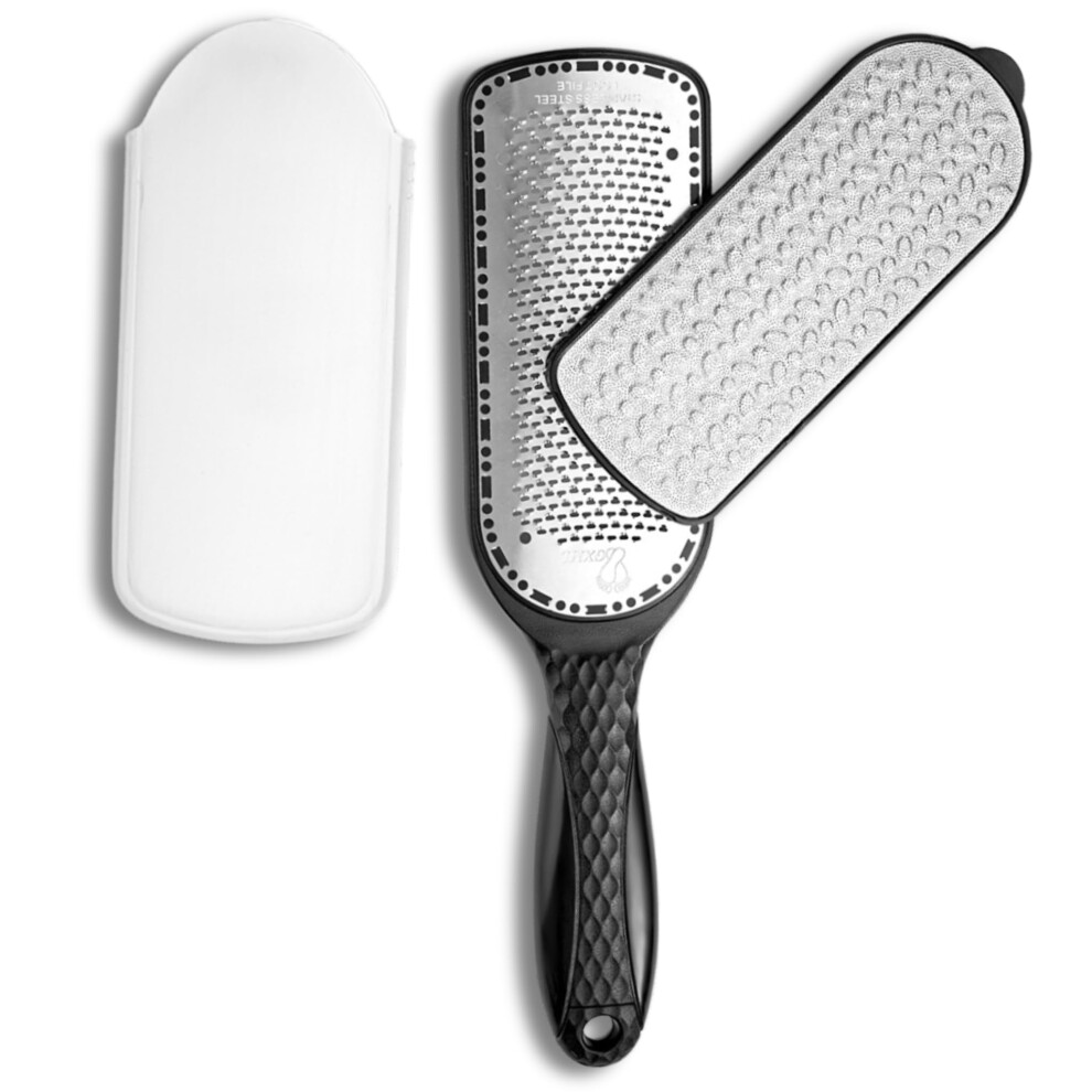 Viva Instruments Double-Sided Stainless Steel Foot File Callus Remover With Long Handle & Protective Cover ? Pedicure Tool For Dead Skin, Dry & Cracked Heels