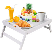 Mosii White Bamboo Bed Tray Table With Handles & Foldable Legs, Multipurpose Lap Desk & Standing Desk For Breakfast In Bed, Sofa, Eating, Platters,
