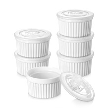 vancasso 6 oz Ramekins with Covers, Souffle Dishes Set of 6, 9.5cm White Porcelain Creme Brulee Ramekins, Baking Cups for Pudding, Fruits, Dips,