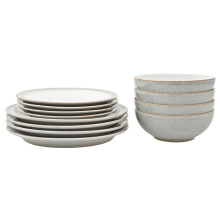 Denby - Elements Light Grey Dinner Set For 4 - 12 Piece Ceramic Tableware Set - Dishwasher Microwave Safe Crockery Set - 4 x Dinner Plates, 4 x Medium