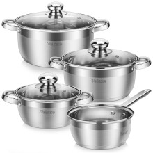 Velaze 7-Piece Cooking Pot Set Made of Stainless Steel, Induction Pot with Glass Lids, Classic Design, Pots with 3 Cooking Pots and 1 Saucepan, Pot