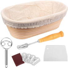 10 inch Bread Proofing Basket Set 100% Natural Bread Banneton Proofing Basket Oval Banneton Bowl Sourdough Bread Making Tools with Dough Whisk, Linen