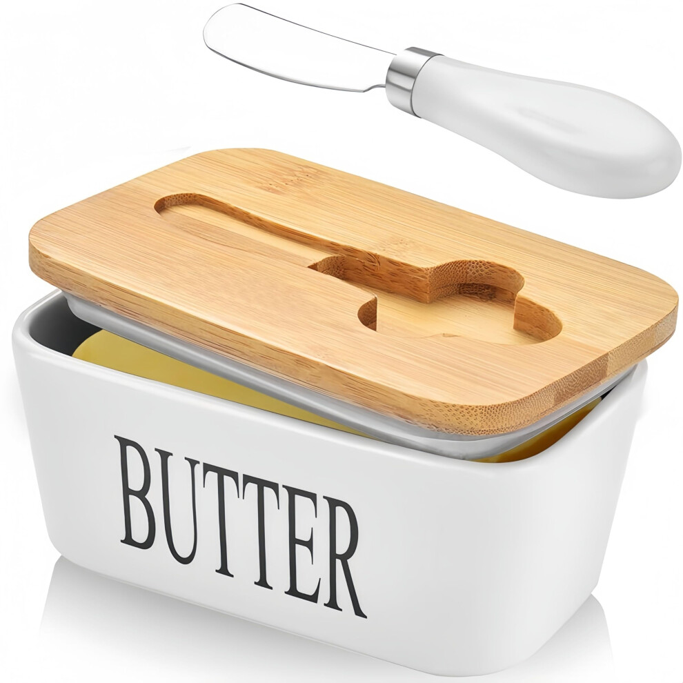 Nbbeng Porcelain Butter Dish With Knife & Wooden Lid, Airtight Butter Dish Butter Holder With Covers, Butter Box For Butter, Nuts, Cheese