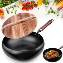 Wok Non Stick, Carbon Steel Wok, Cast Iron Wo-k Iron Pan, Deep Stir Fry Pans with Lid Frying Pan No Chemical Coated Uncoated Hand Forged Big Belly Pot