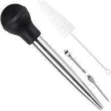 Home Servz 304 Stainless Steel Turkey Baster Syringe Injector Needle With Cleaning Brush- black Rubber Bulb