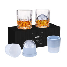 Whisky Glass, Set of 4 (2 Crystal Tumbler Glasses, 2 Large Ice Ball Moulds) in Gift Box - 300ml Whiskey Glasses for Scotch Cocktail Rum Cognac Vodka