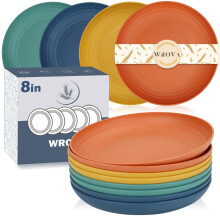 Wrova Unbreakable Plastic Plates Set of 8-8 Inch Reusable Deep Plates for Kitchen, Dishwasher & Microwave Safe, Kitchen Set for Snacks & Desserts