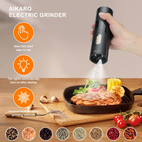 AIKARO - Electric Salt and Pepper Mill Automatic Spice Grinder, Battery Operated 1