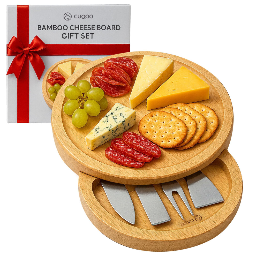 Cuqoo Bamboo Cheese Board Set With 3 Knives & Fork ? Wooden Charcuterie Board, Cheeseboard Gift Set For Serving, Grazing, Cheese Boards & Knives,