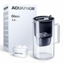 AQUAPHOR Glass Black Water Filter Jug - Take to Table Premium Glass Design Jug with Easy-Fill Flip-Open Lid, 2.5L Capacity, 1 X MAXFOR+ Filter