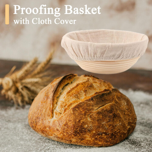 Sourdough Starter Kit Bread Proofing Basket, Round Bread Proofing Basket Set 9"/23cm, Round Banneton with Liner and Breads Making Tools Handmade, 2