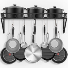 Mutool Wall Mount Pot Pan Racks, 70CM Saucepan Hanging Racks Utensils Hanging Shelf, Pan Rack for kitchen, Metal Cookware Organiser with 10 Hooks,