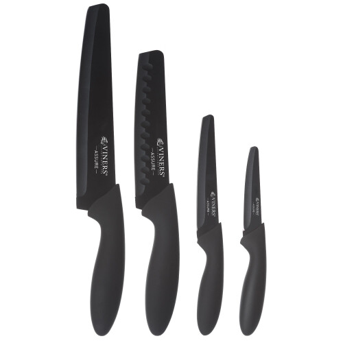 Viners Assure 4 Piece Knife Set Stainless Steel Blades with Squared Tips for Safety, Soft Grip Handles, Non-Stick Coating, Rust-Resistant, Includes