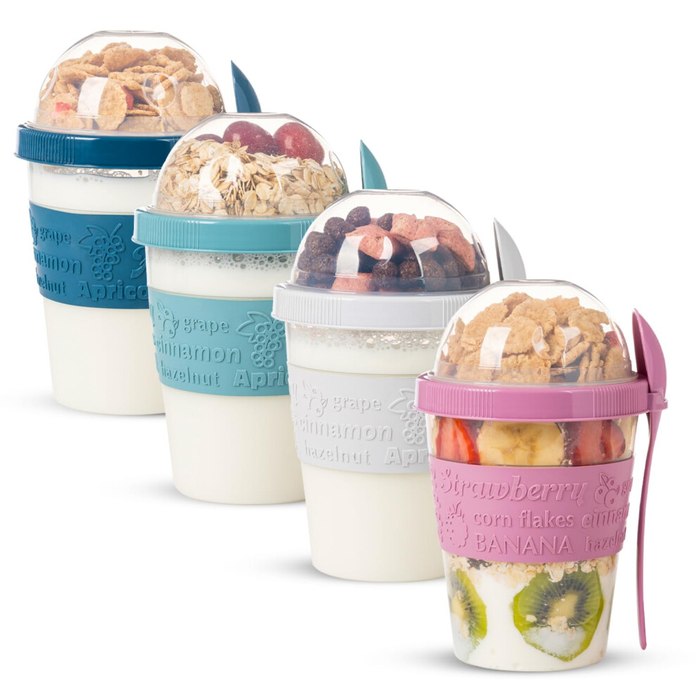 4 Pack On The Go Cereal Yogurt Cups With Lids And Spoon, Overnight Oats Container, Reusable Parfait Plastic Milk Pot Breakfast Crunch Granola Eynel