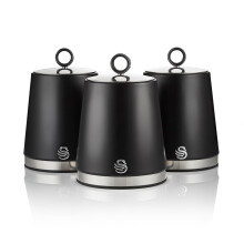Swan Serenity Set of 3 Kitchen Storage Canisters for Tea, Coffee, and Sugar with Smooth Matte Finish and Stainless Steel Accents, 1.3L, Black