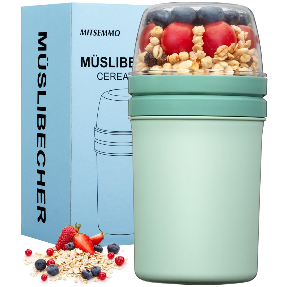 Cereal Cup On The Go,600Ml+270Ml Breakfast Pots To Go,Yogurt And Granola Pot,Muesli Cup Travel Bowl And Milk Container For Work,Overnight Mitsemmo