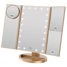 WEILY Tri-Fold Makeup Mirror with 2X/3X Magnifying 21 LEDs, 2 Power Supply Mode, Touch Switch Tabletop Cosmetic Mirror (Gold)