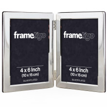 Frametigo - Silver Plated Flat Edge Double Photo Frame, 4"x6" (10x15cm) Photo Size - Portrait Orientation - Real Glass Window - Traditional Silver