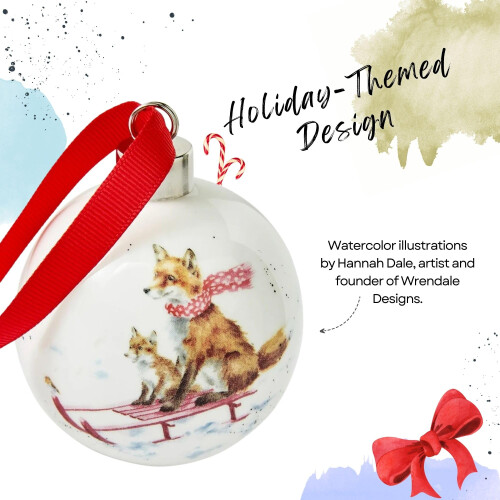 Wrendale Royal Worcester Wrendale Designs The Sleigh Ride Ceramic Fox Bauble, White 2