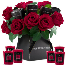DECO EXPRESS Scented Candle Gift Set with Flowers, Ladies Bouquet Roses and Candle Box Women's Gifts Valentines Day Bday (Red)