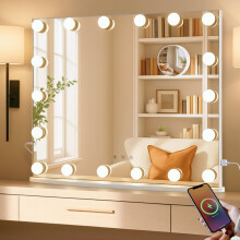 LUXFURNI Hollywood Vanity Mirror with Lights, 60 x 52 cm Light Up Dressing Table Mirror, LED Makeup Mirror with 18 Bulbs for Bedroom, 3 Color Lighting