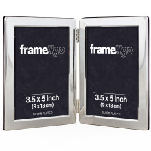 Frametigo - Silver Plated Flat Edge Double Photo Frame, 3.5"x5" (9x13cm) Photo Size - Portrait Orientation - Real Glass Window - Traditional Silver