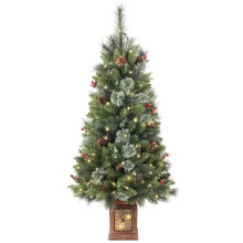 Pre-lit Artificial Christmas Tree 4ft, 256 Branches Tips Potted Decorated Pine Xmas Tree with LED Lights & 12 Red Berry & 12 Pinecone for Indoor