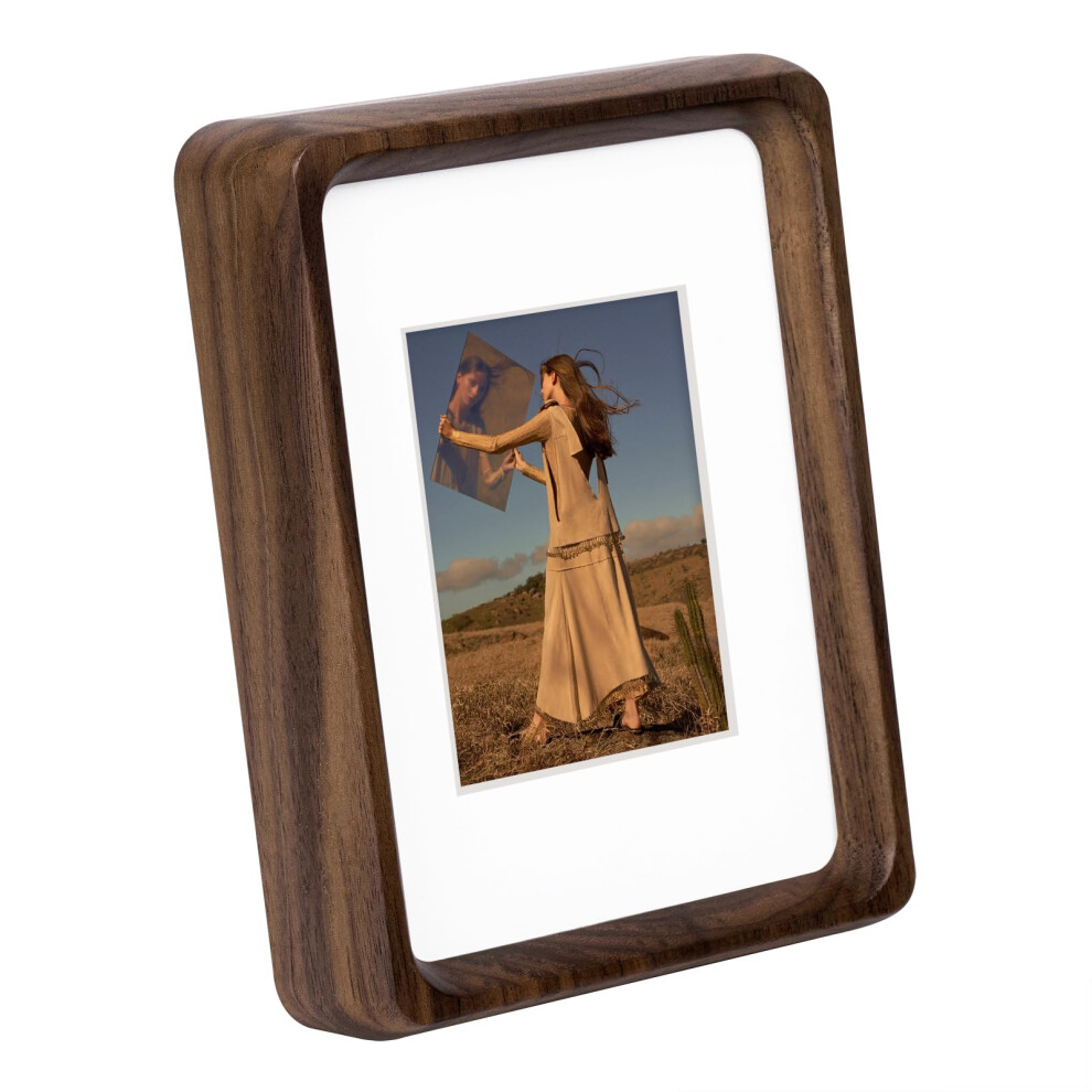 Kattepote Small Picture Frame 5X3.5 Inch, Wooden Photo Frame 127 X 90Mm, With Mat To Fit 5X7cm Pictures, Handcrafted Natural Walnut Wood, Home Decor 5051221964133