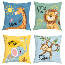 Joymaison Cartoon Animals Cushion Covers 45 x 45 Pack of 4 Baby Elephant Giraffe Lion Monkey Square Throw Pillow Case Nursery Home Decor for Kids