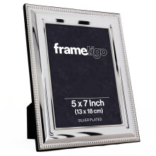 Frametigo - Silver Plated Bead Photo Frame, 5"x7" (13x18cm) Photo Size - Velvet Frame Backing & Stand - Real Glass Window - Tarnish Resistant -