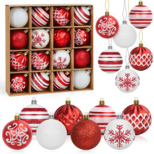 Baubles, 16Pcs Xmas Tree Decorations - Red and White Christmas Balls, Set with Hanging Decorations