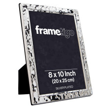 Frametigo - Silver Plated Narrow Hammered Photo Frame, 8"x10" (20x25cm) Photo Size - Velvet Frame Backing & Stand - Real Glass Window - Tarnish