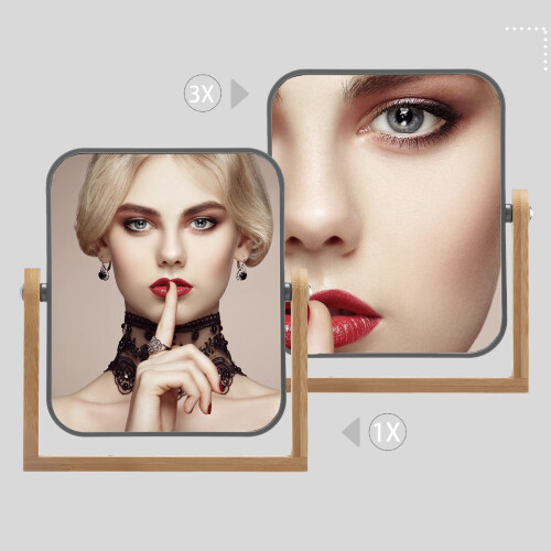 YEAKE Double Sided 3X Magnifying Makeup Mirror with Bamboo Stand, 21L x 18W cm, Tabletop Mount, Rectangular, Dark Grey 1