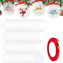 TSKDKIT 50 Pcs Christmas Bauble Clear Acrylic Disc Ornaments Round Christmas Ornaments with Ribbon, Flat Baubles for Craft, Clear Blank Acrylic Xmas