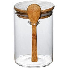 Glass Sugar Bowl with Airtight Wooden Lid and Spoon for Coffee Bar or Kitchen Storage