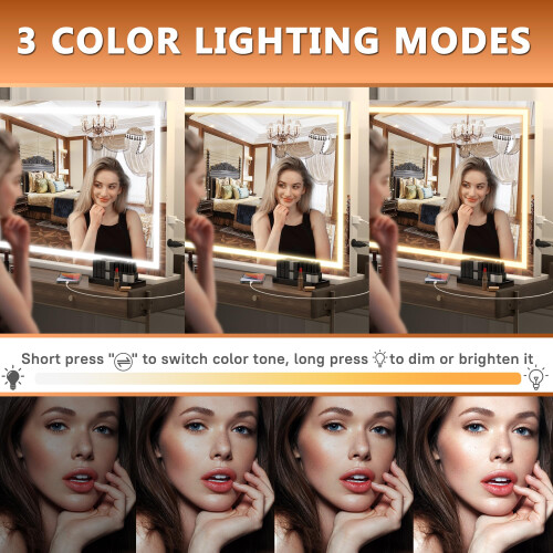 Hasipu Vanity Mirror with Lights, 80 x 58cm LED Makeup Mirror, Lighted Make up Mirrors with Touch Screen Control, 3 Dimmable Modes Square White 2