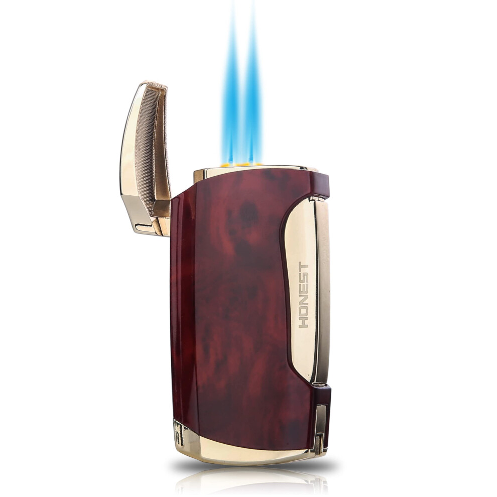 Promise Brown/Grain Torch Lighter Double Jet Flame Cigar Lighter With Cigar Punch Cutter ( -E)