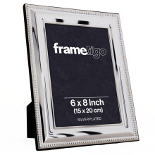 Frametigo - Silver Plated Bead Photo Frame, 6"x8" (15x20cm) Photo Size - Velvet Frame Backing & Stand - Real Glass Window - Tarnish Resistant -