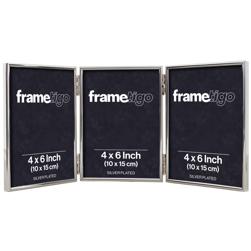Frametigo - Plated Thin Edge Triple Photo Frame, 4"X6" (10X15cm) Photo Size - Portrait Orientation - Velvet Frame Backing - Polished Edge Real Silver 5051221976945