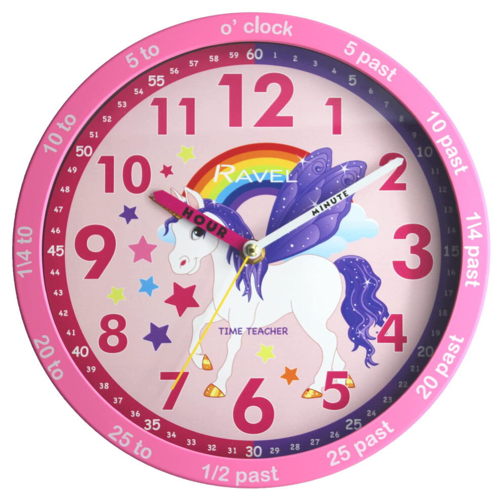 Ravel Children's 25Cm Time Teacher Wall Clock - R.kc.10 - Analogue Quartz - Unicorn/ Dial Pink