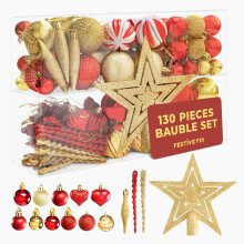 Festive Fix 130-Piece Christmas Tree Decorations Set ? Red & Gold Baubles, Snowflakes & Tree Topper ? Shatterproof Ornaments for Xmas D?cor, Glitter &