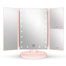 deweisn Tri-Fold Lighted Vanity Mirror with 21 LED Lights, Touch Screen and 3X/2X/1X Magnification Mirror, Cosmetic Mirror Two Power Supply Mode