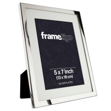 Frametigo - Silver Plated White Mount Photo Frame, 5"x7" (13x18cm) Photo Size - Velvet Frame Backing & Stand - Real Glass Window - Tarnish Resistant -